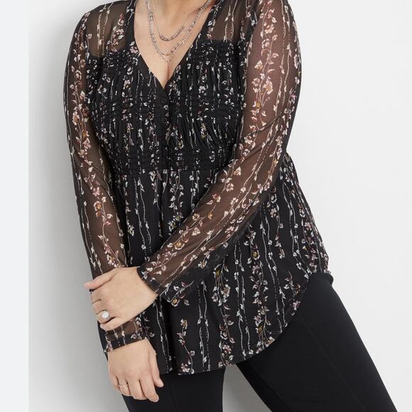 Maurices Tops - Maurices Black Floral Smocked Mesh Top Plus Size 3X